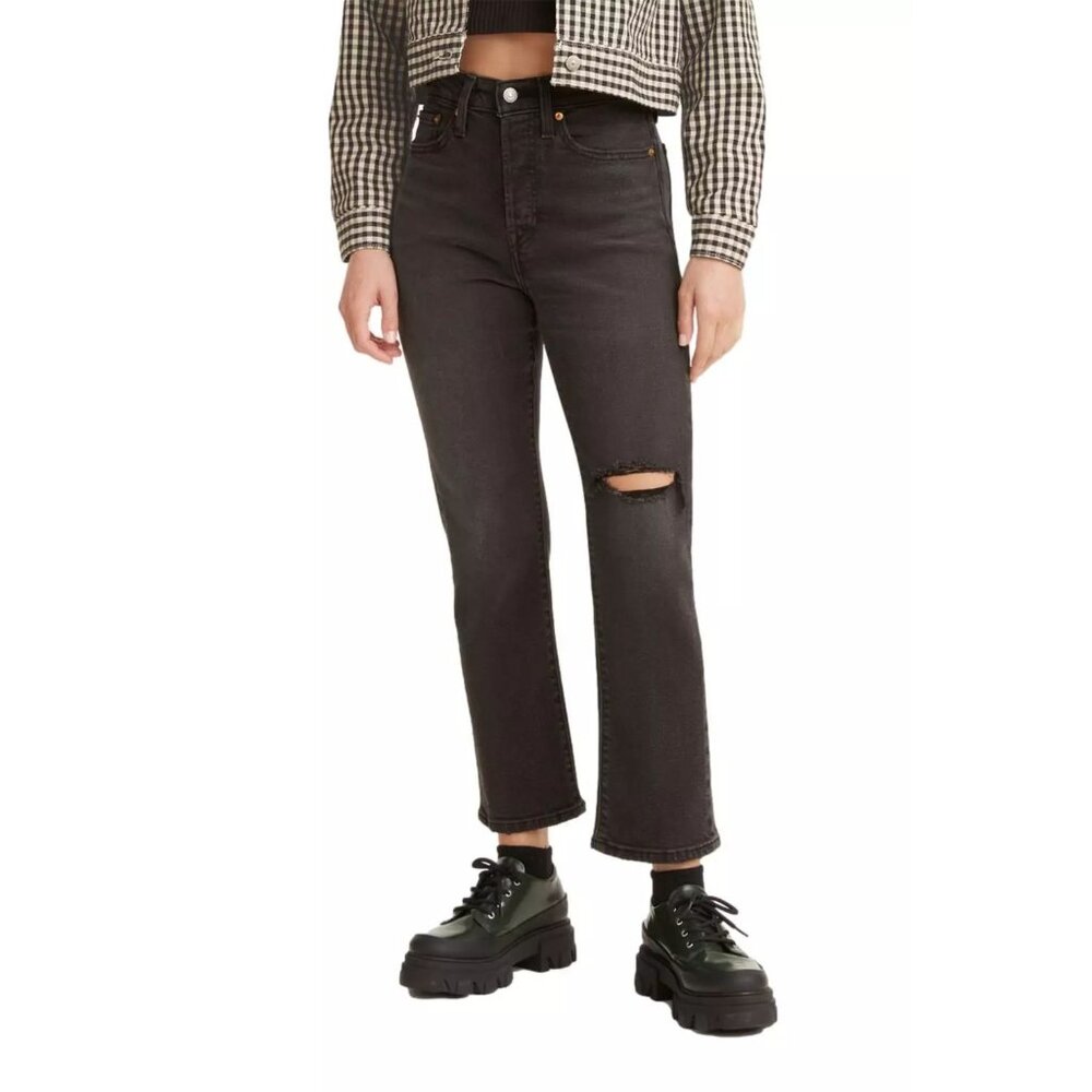 LEVI'S Wedgie Straight Black Ripped Knee Jeans Womens 26 Classic Casual Denim